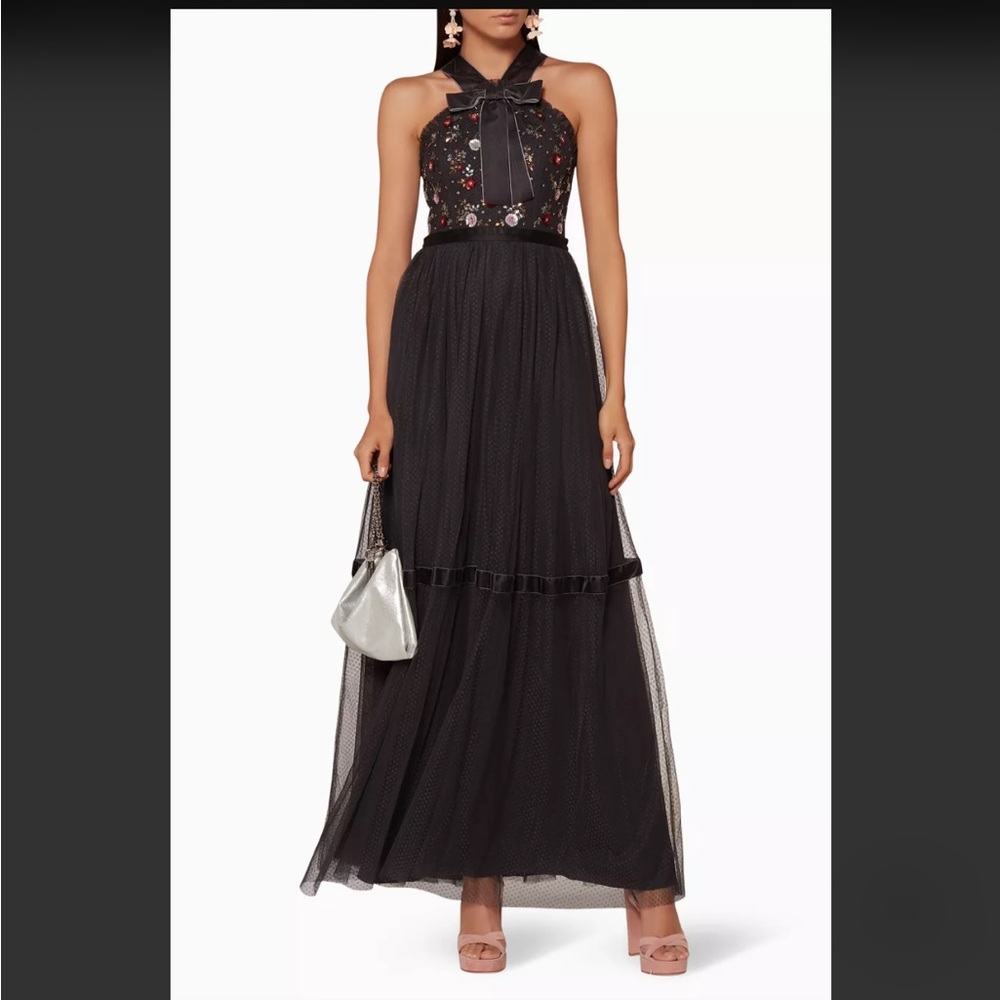 NEEDLE & THREAD Graphite-Black Halter-Neck Bow Esther Beaded Maxi Gown